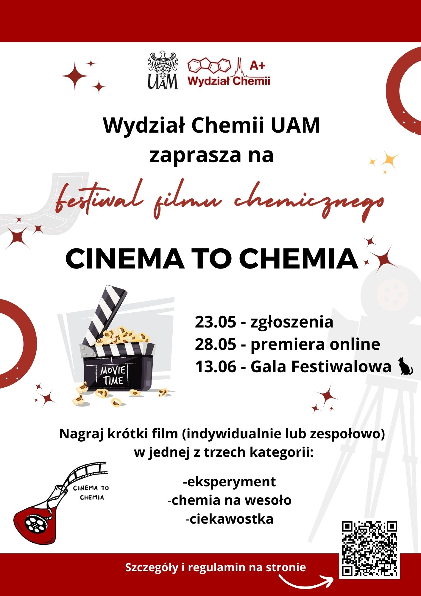 Plakat festiwalu, grafika filmowego klapsa z popcornem, daty na plakacie zawarte powyżej i poniżej w tekście